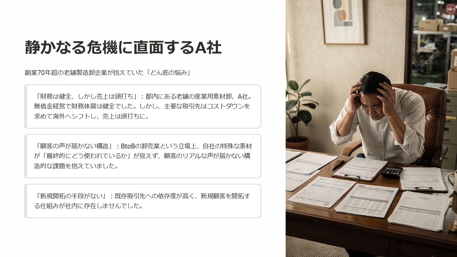 静かなる危機に直面するA社